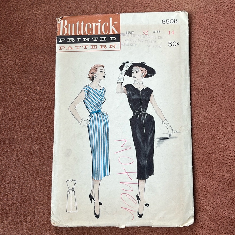 Vintage Butterick Dress Pattern 50’s Size 14 Pattern #6508